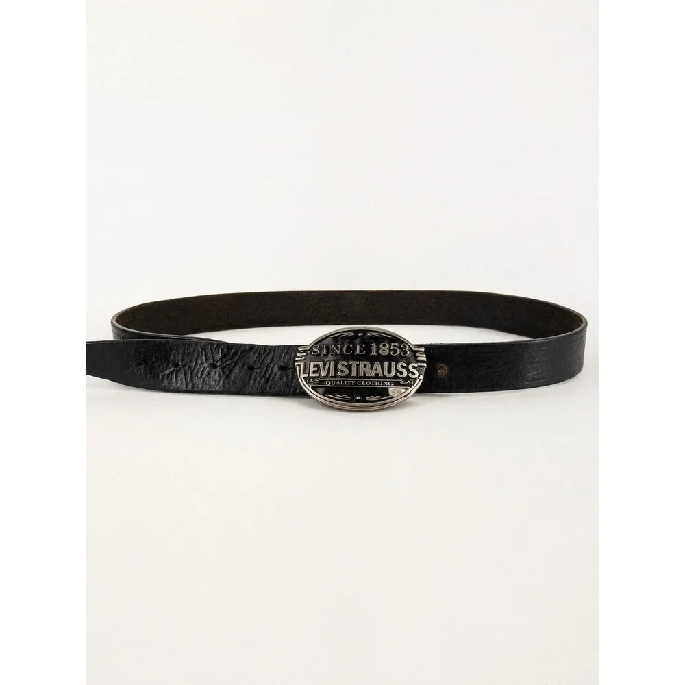 Levi Strauss Belt Mens Medium Black Leather Large Trophy Buckle Western Vintage